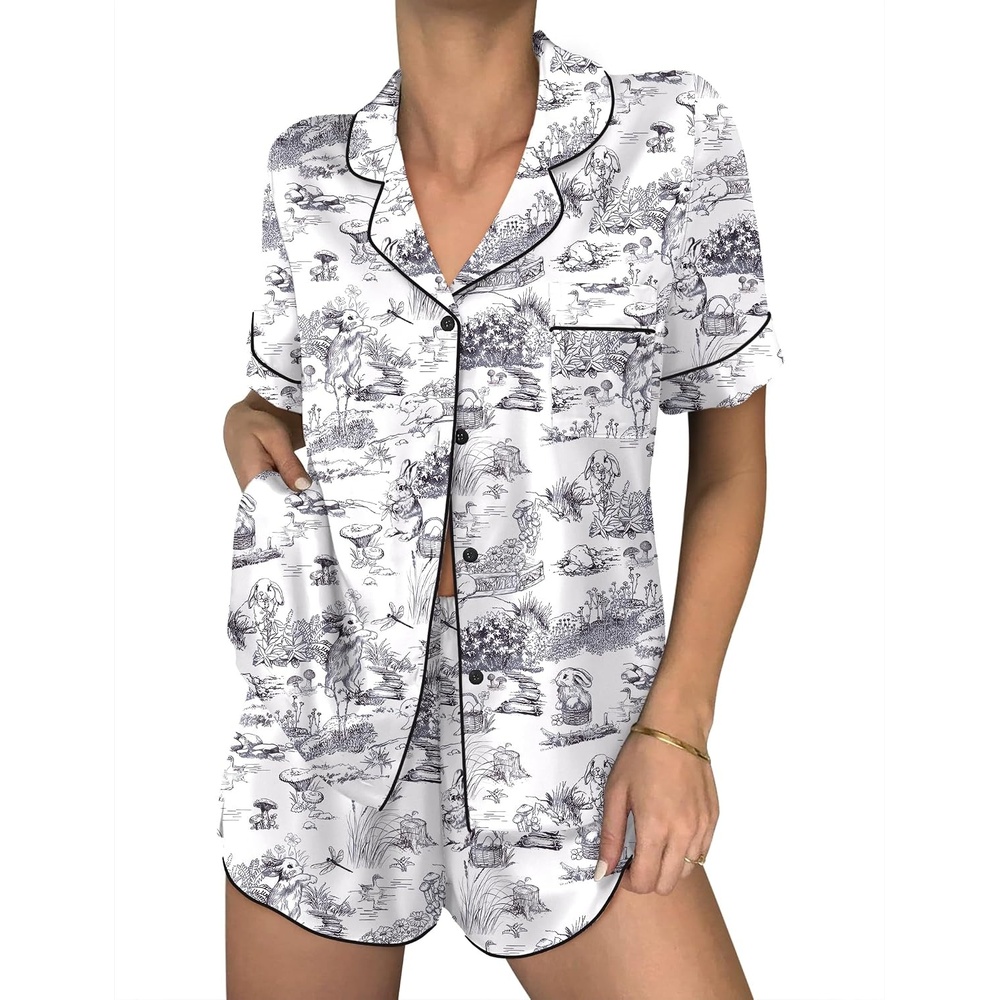 image:imageEkouaer Women Satin Pajama Sets Cute Print Silk Pjs Shorts Sets S4XLBlack Rabbit