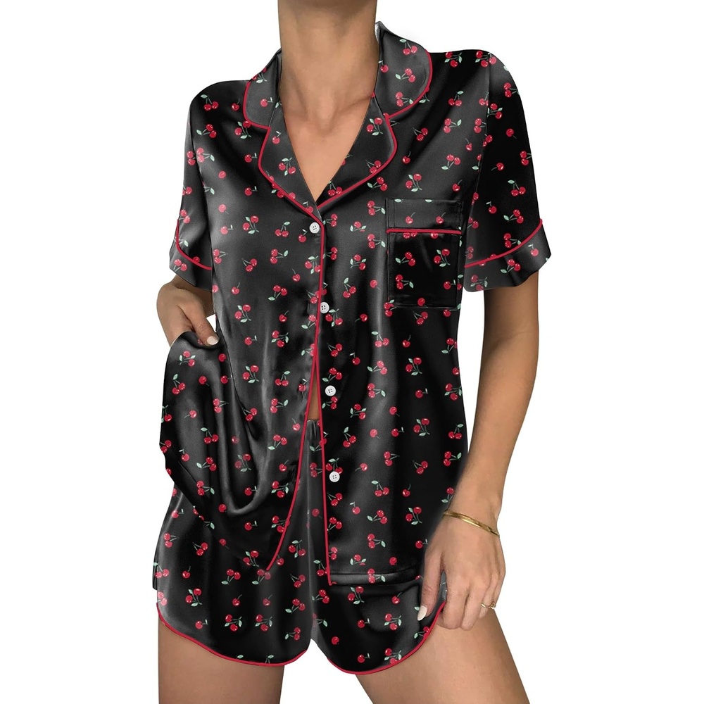 image:imageEkouaer Women Satin Pajama Sets Cute Print Silk Pjs Shorts Sets S4XLCherry Print