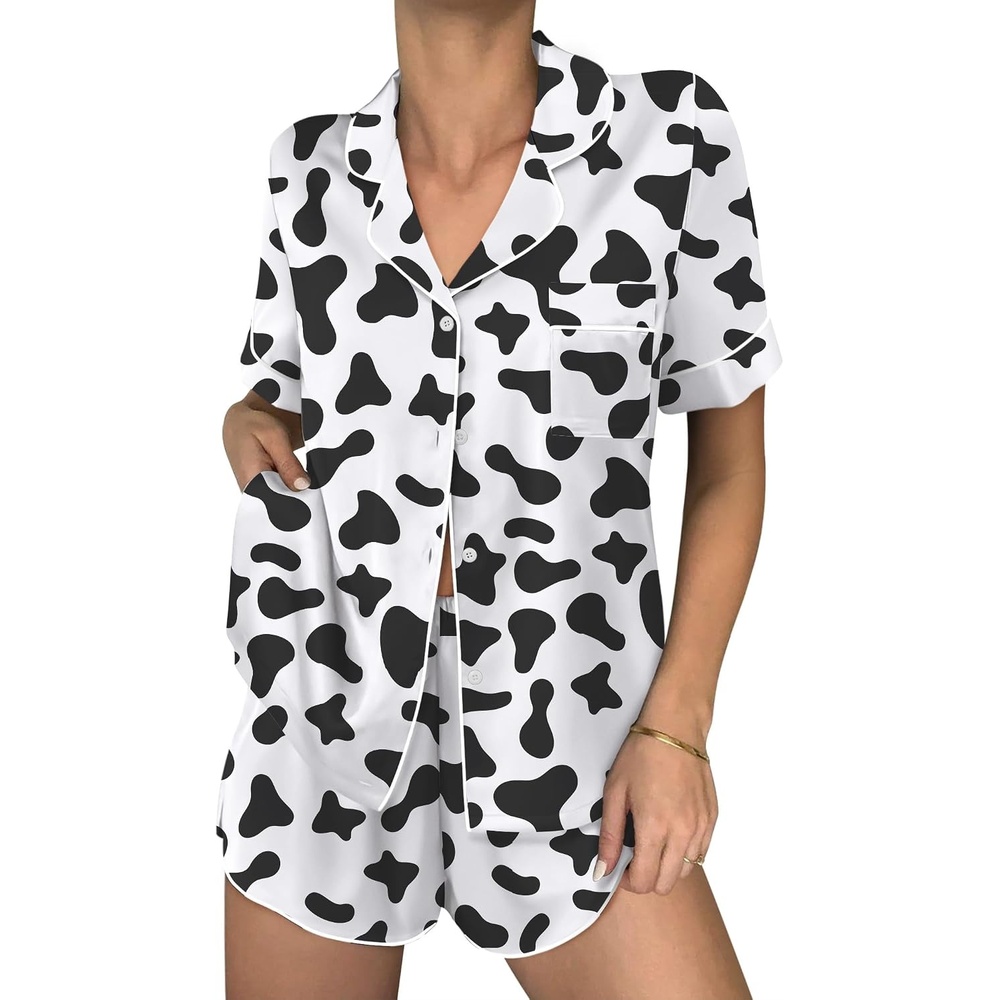 image:imageEkouaer Women Satin Pajama Sets Cute Print Silk Pjs Shorts Sets S4XLCow Print