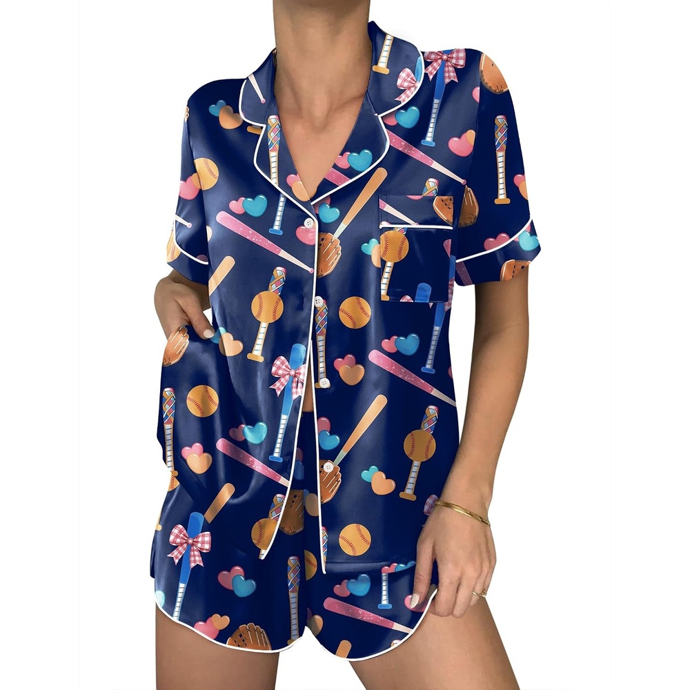 image:imageEkouaer Women Satin Pajama Sets Cute Print Silk Pjs Shorts Sets S4XLDark Blue Baseball Print