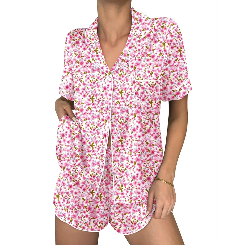 image:imageEkouaer Women Satin Pajama Sets Cute Print Silk Pjs Shorts Sets S4XLFloral Pink