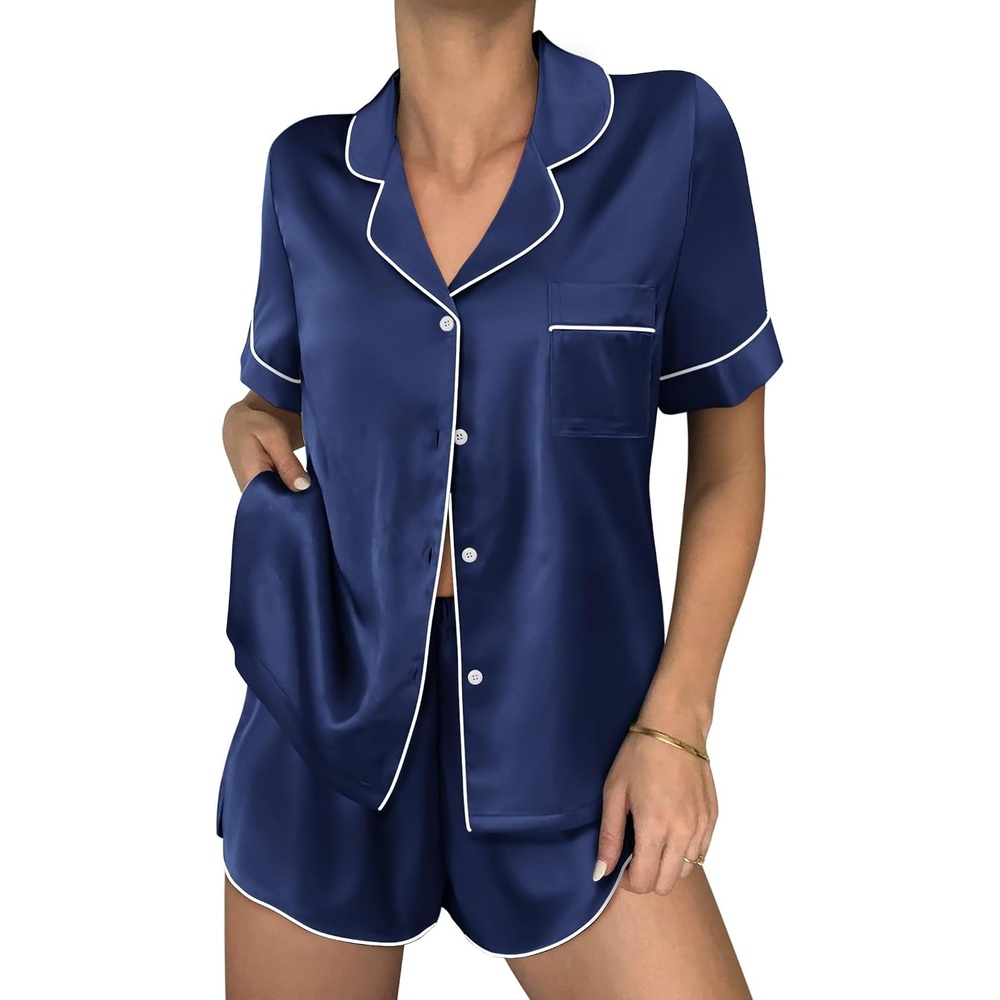 image:imageEkouaer Women Satin Pajama Sets Cute Print Silk Pjs Shorts Sets S4XLNavy Blue