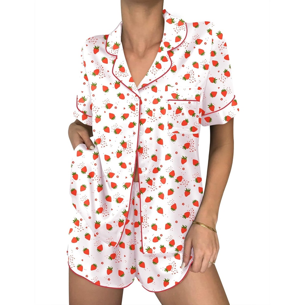 image:imageEkouaer Women Satin Pajama Sets Cute Print Silk Pjs Shorts Sets S4XLStrawberry
