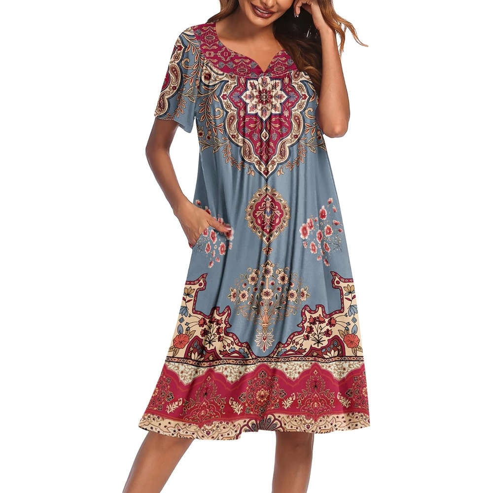 image:imageEkouaer Womens House Dress with PocketsEthnic Flower