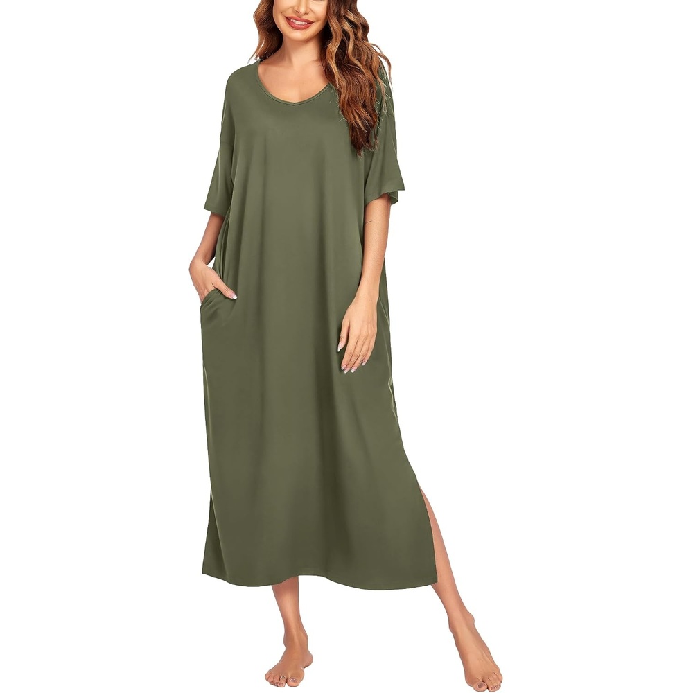 image:imageEkouaer Womens Long Nightgown Short Sleeve Night Shirt Plus Size SleepwearArmy Green