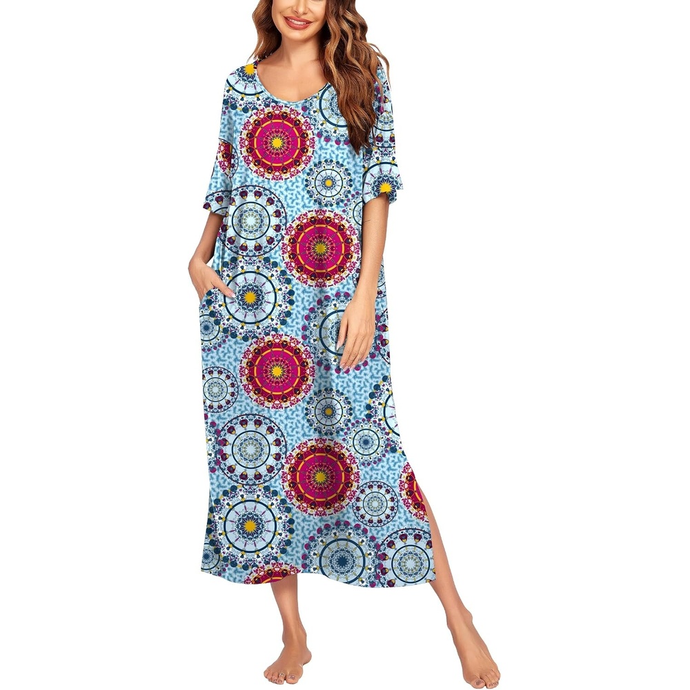 image:imageEkouaer Womens Long Nightgown Short Sleeve Night Shirt Plus Size SleepwearBlue Circles