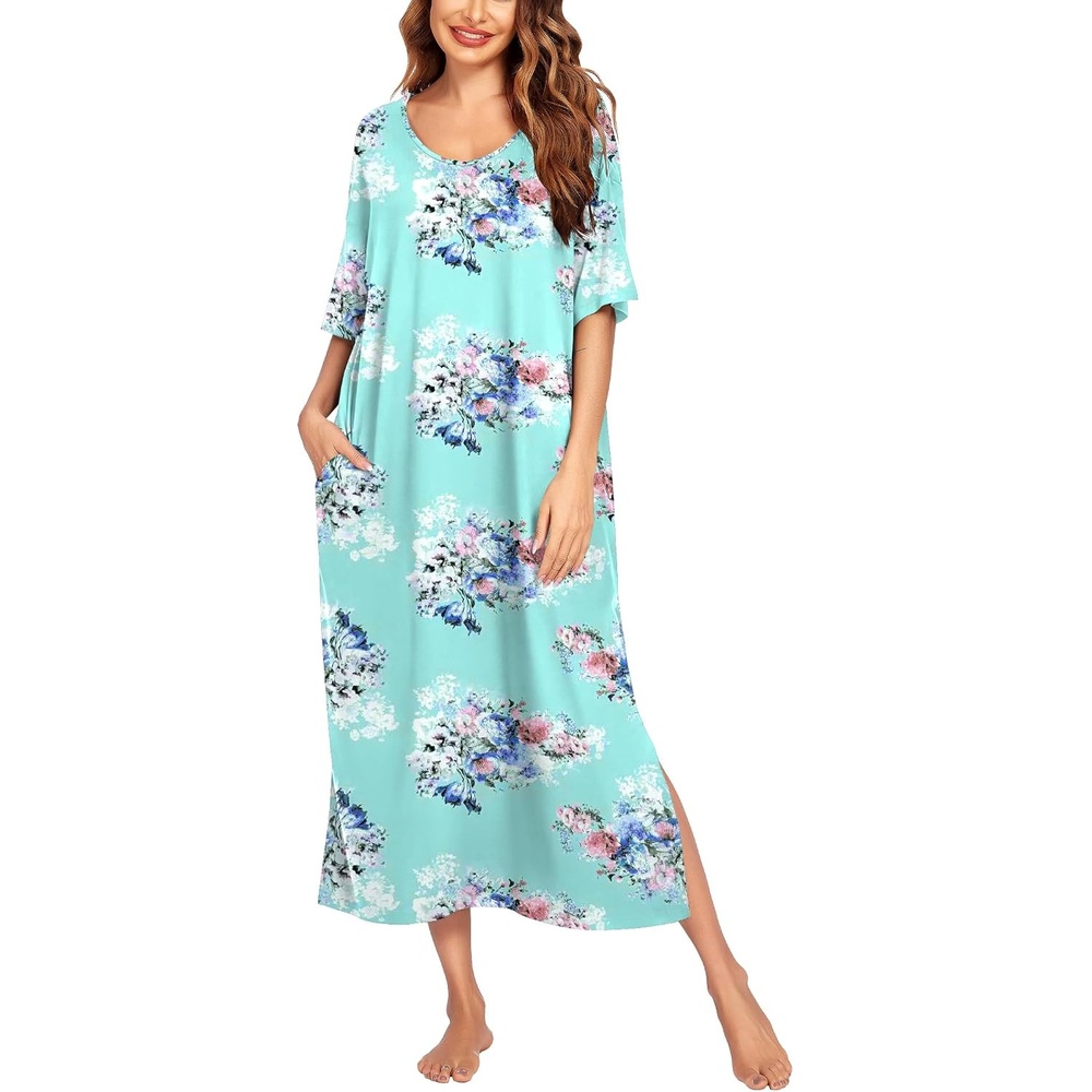 image:imageEkouaer Womens Long Nightgown Short Sleeve Night Shirt Plus Size SleepwearBlue Floral