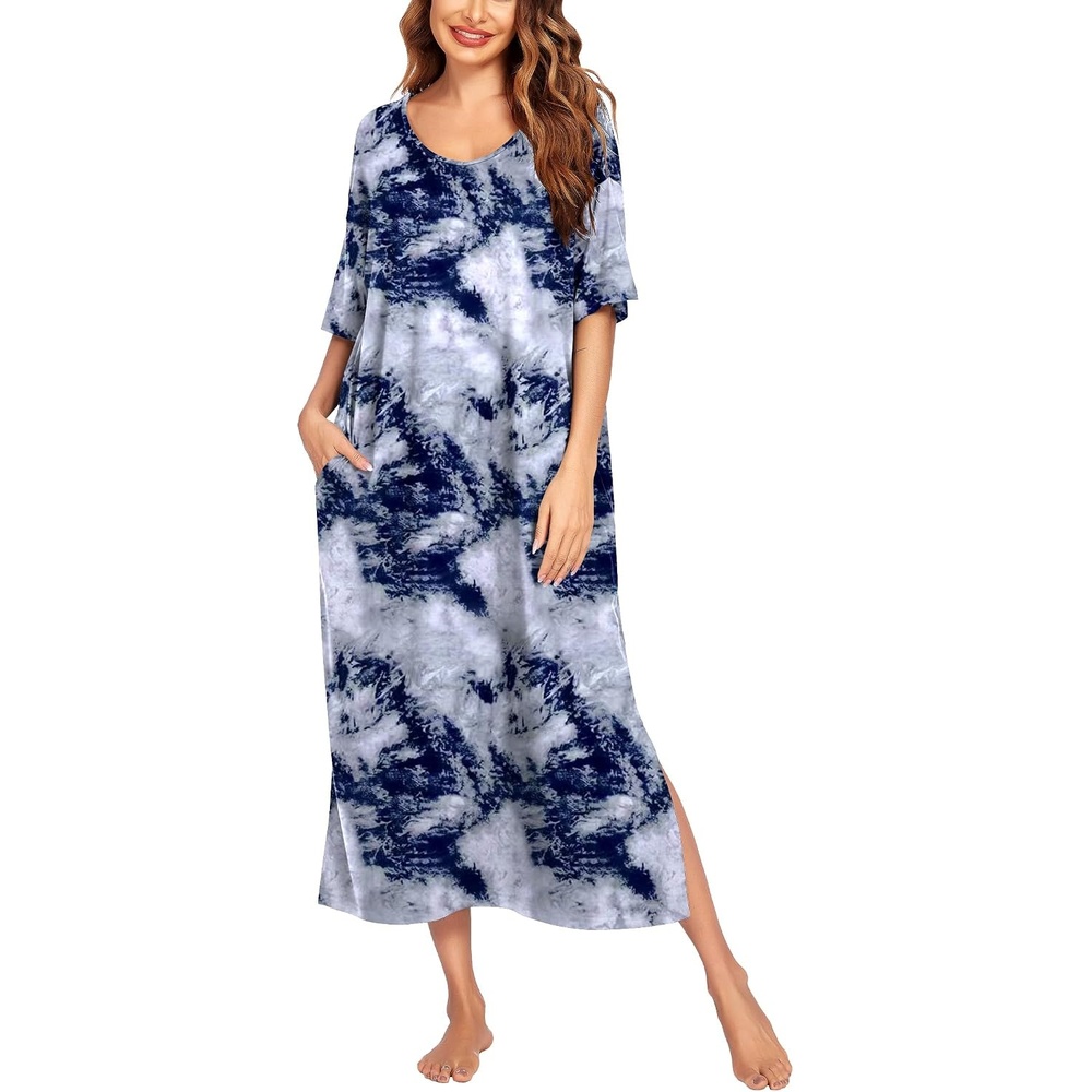 image:imageEkouaer Womens Long Nightgown Short Sleeve Night Shirt Plus Size SleepwearBlue Tie Dye
