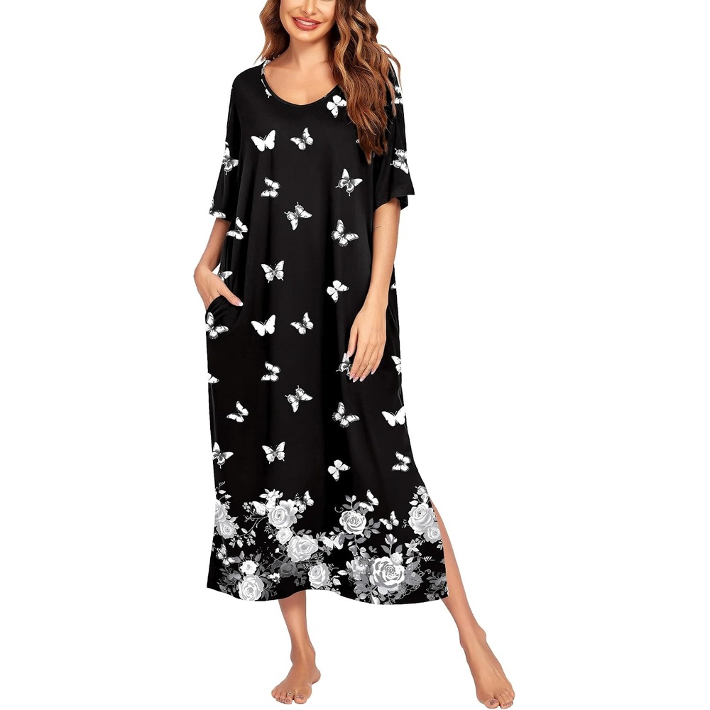 image:imageEkouaer Womens Long Nightgown Short Sleeve Night Shirt Plus Size SleepwearButterfly