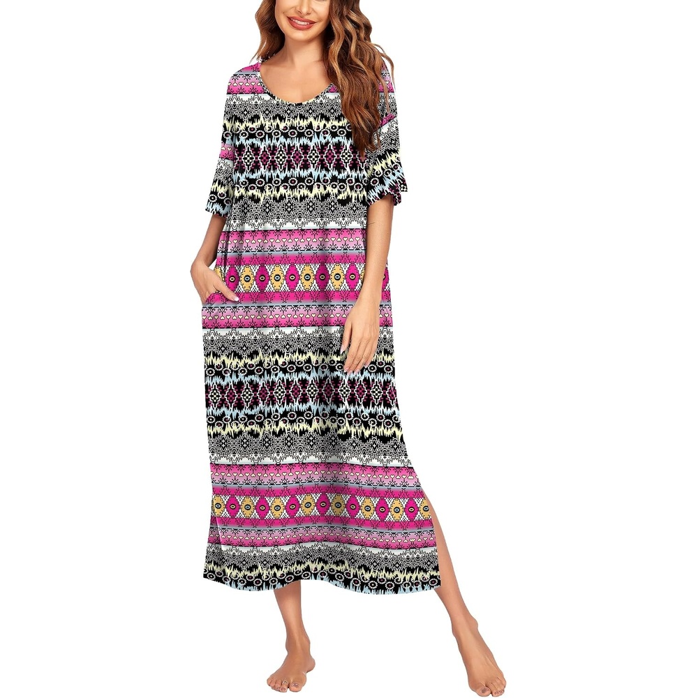 image:imageEkouaer Womens Long Nightgown Short Sleeve Night Shirt Plus Size SleepwearEthnic Rose Red