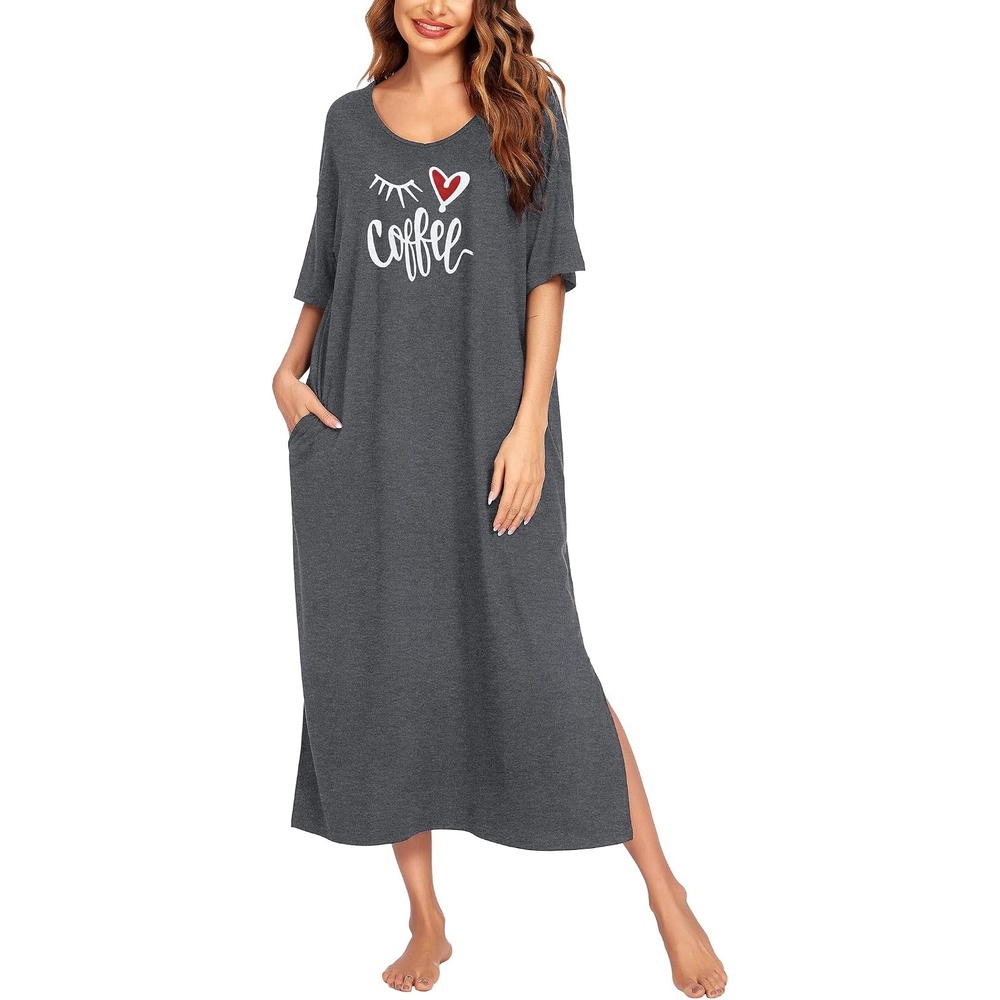 image:imageEkouaer Womens Long Nightgown Short Sleeve Night Shirt Plus Size SleepwearMedium Grey