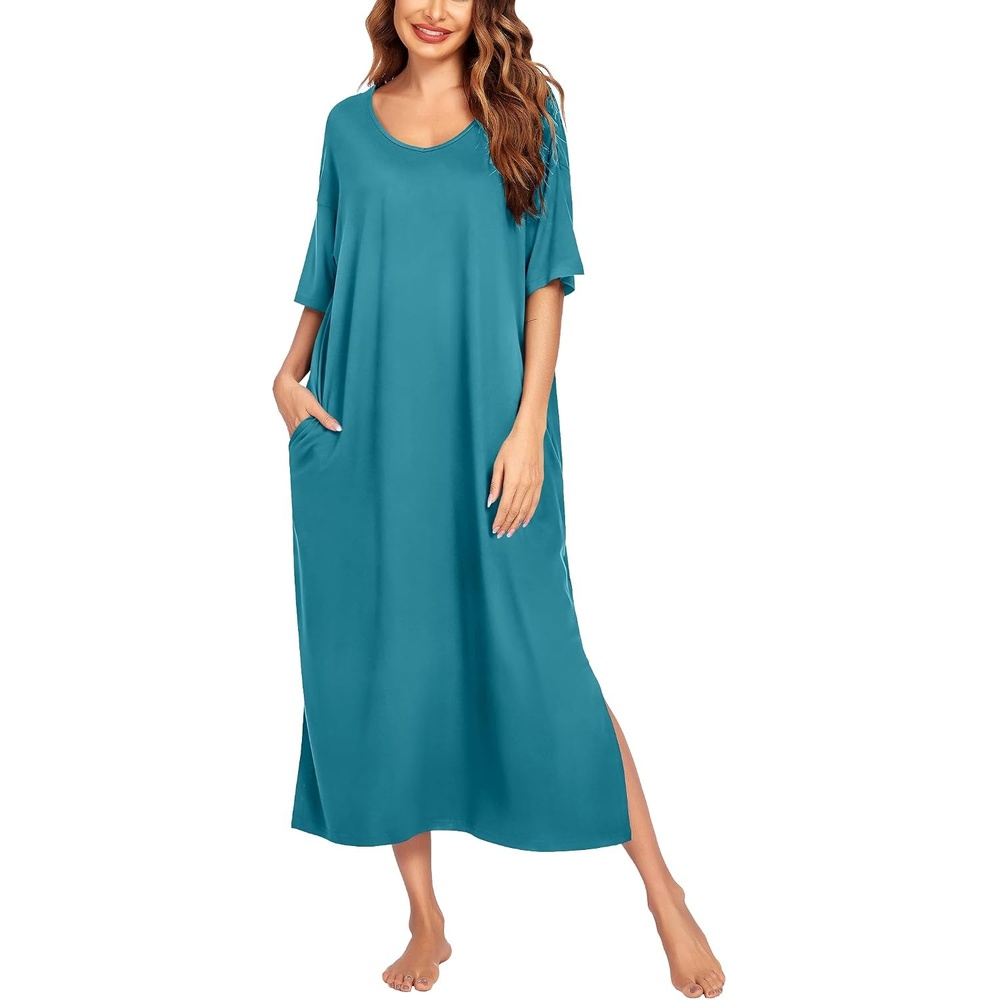 image:imageEkouaer Womens Long Nightgown Short Sleeve Night Shirt Plus Size SleepwearPeacock Blue