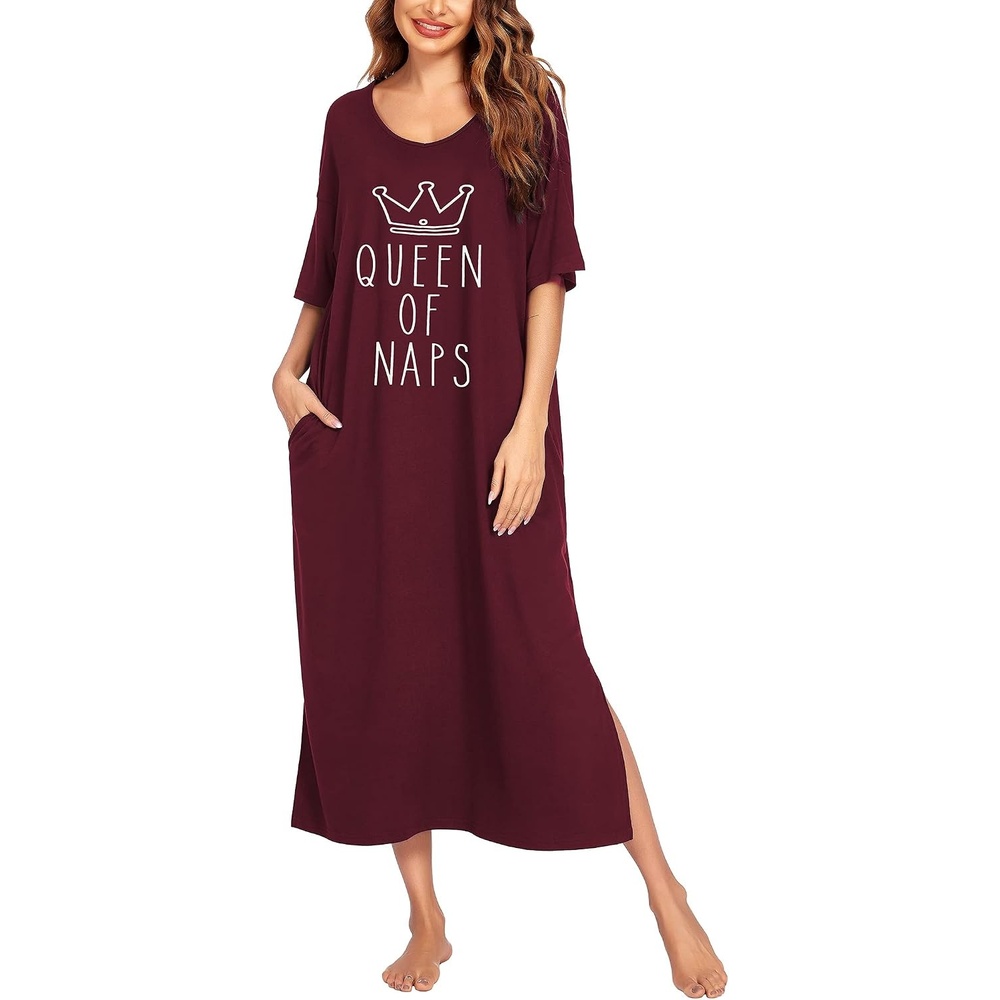 image:imageEkouaer Womens Long Nightgown Short Sleeve Night Shirt Plus Size SleepwearWine Red Crown