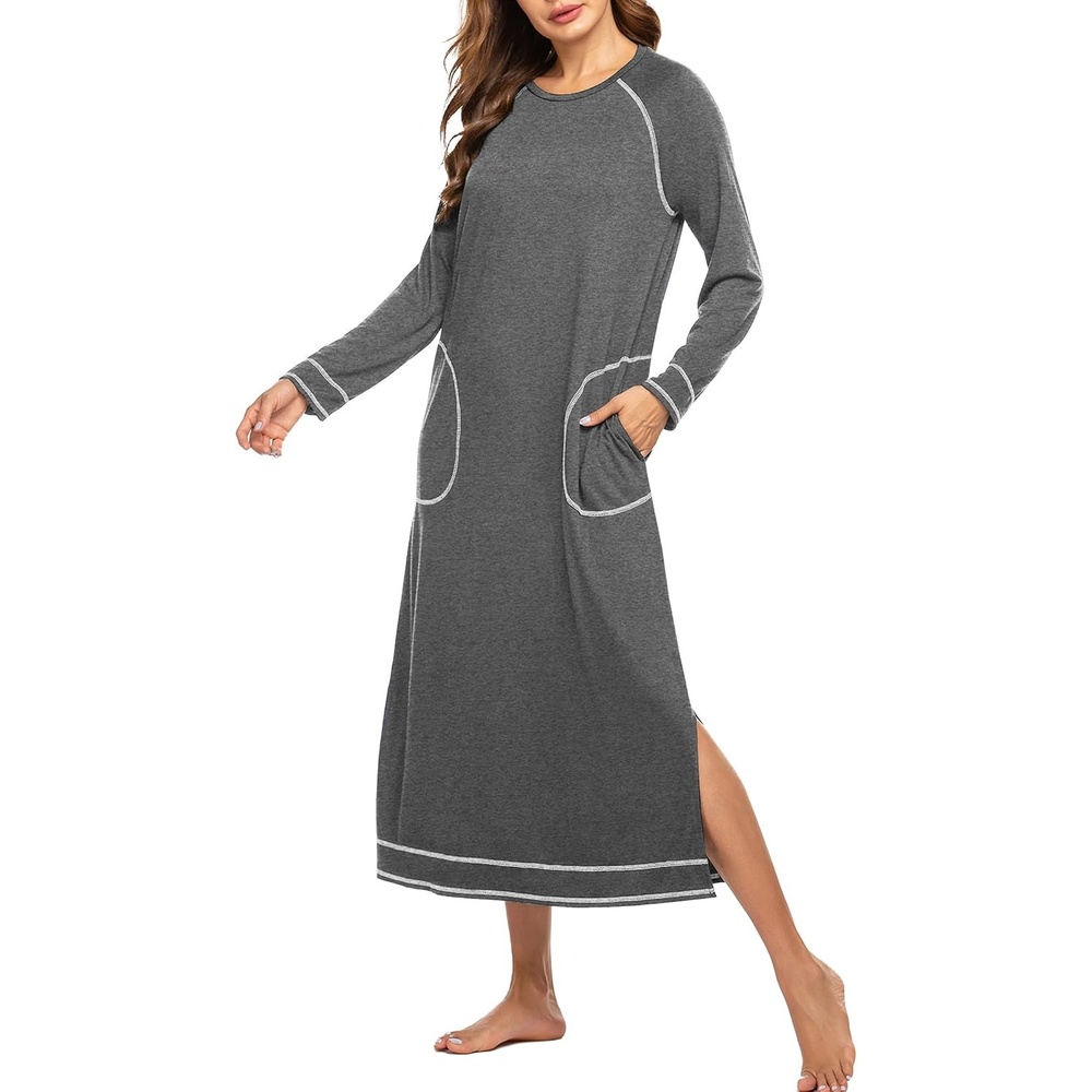 image:imageEkouaer Womens Long Sleeve Nightgown Full Length Nightshirt with PocketsAgrey