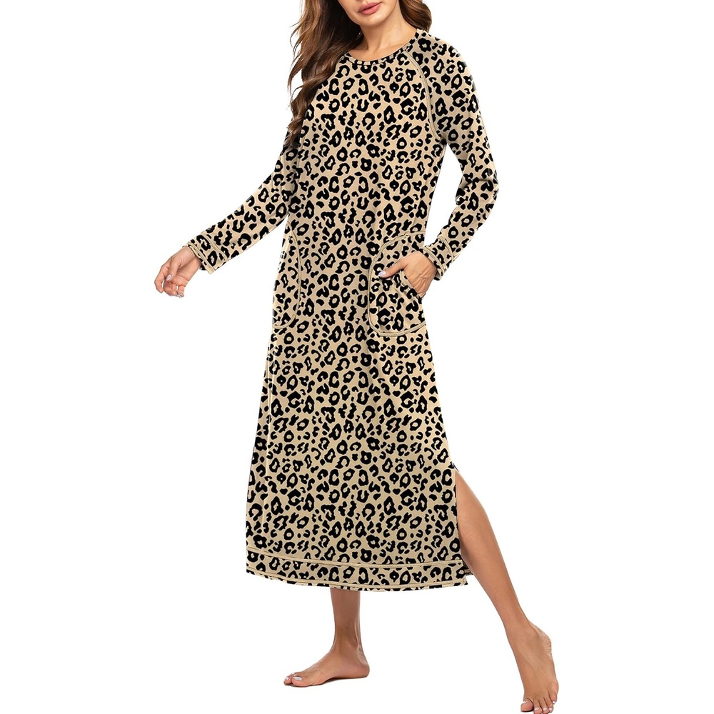 image:imageEkouaer Womens Long Sleeve Nightgown Full Length Nightshirt with PocketsLeopard