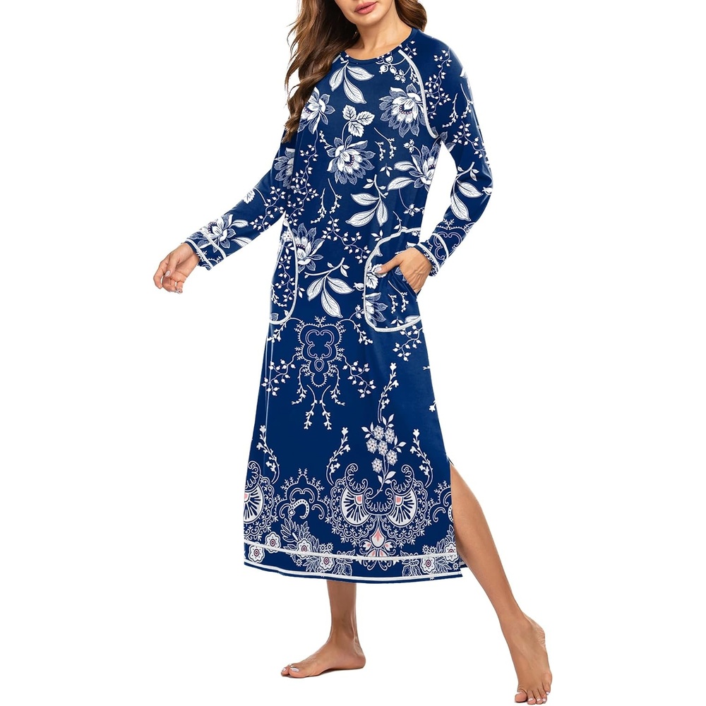 image:imageEkouaer Womens Long Sleeve Nightgown Full Length Nightshirt with PocketsNavy Blue Flower
