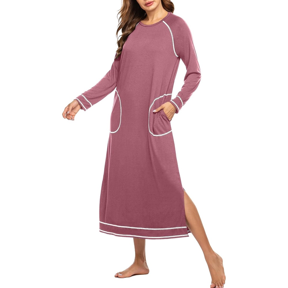image:imageEkouaer Womens Long Sleeve Nightgown Full Length Nightshirt with PocketsPink