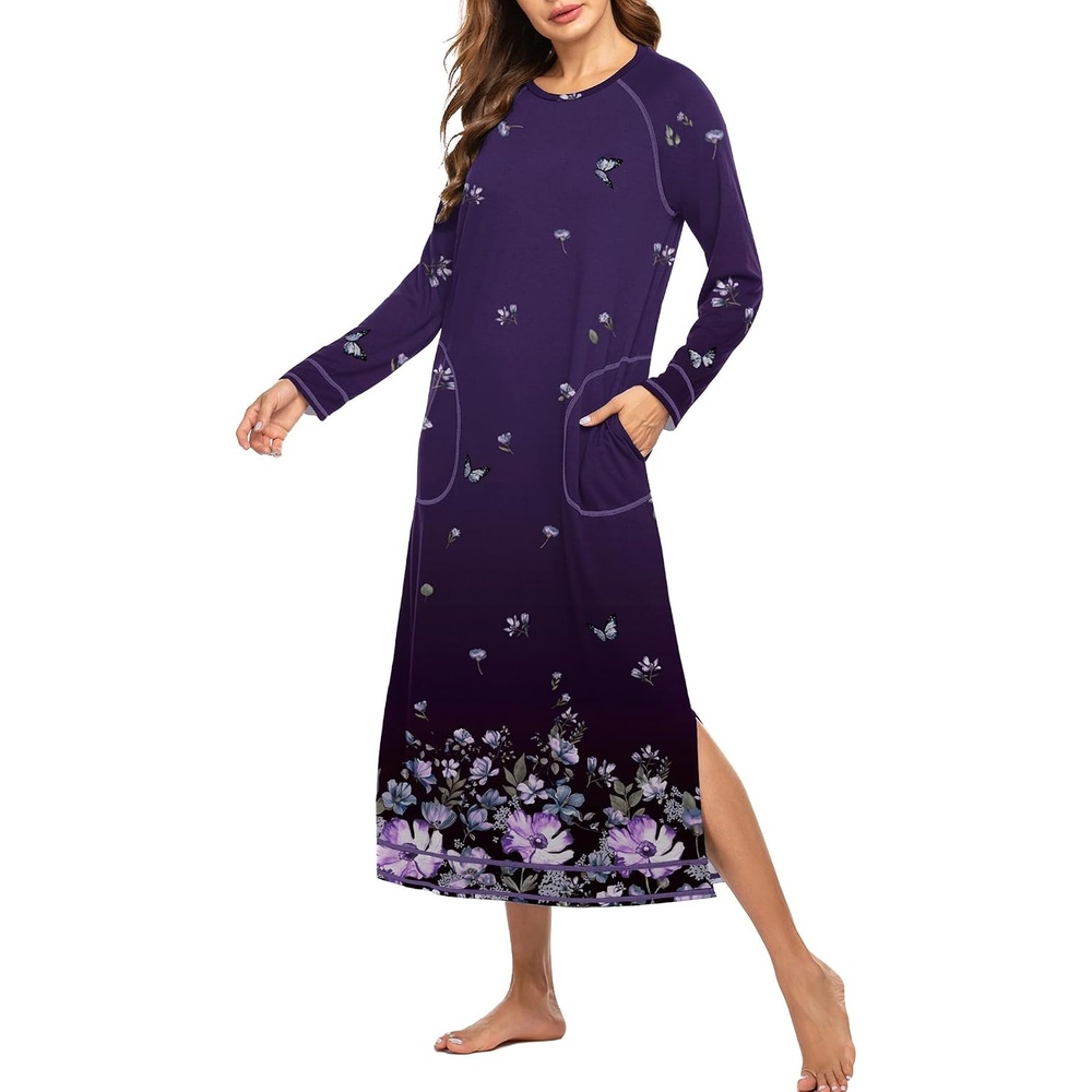 image:imageEkouaer Womens Long Sleeve Nightgown Full Length Nightshirt with PocketsPurple Floral