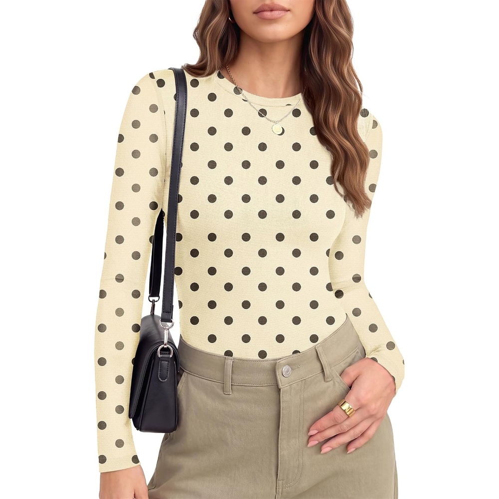 image:imageEkouaer Womens Mesh Long Sleeve Tops Fall Fashion Crew Neck Slim Fit ShirtsBeige