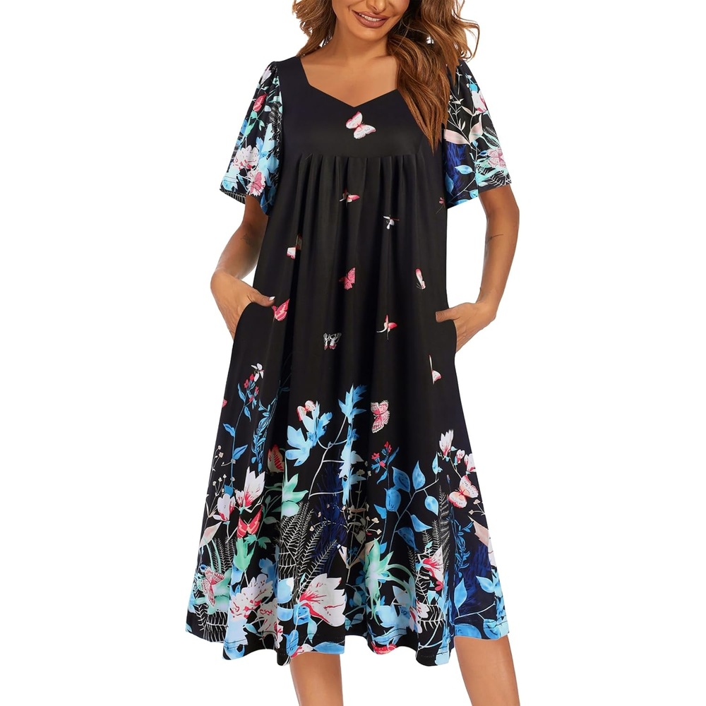 image:imageEkouaer Womens Nightgown House Dress with Pockets Short Sleeve Moo MoosBlack Color Butterfly