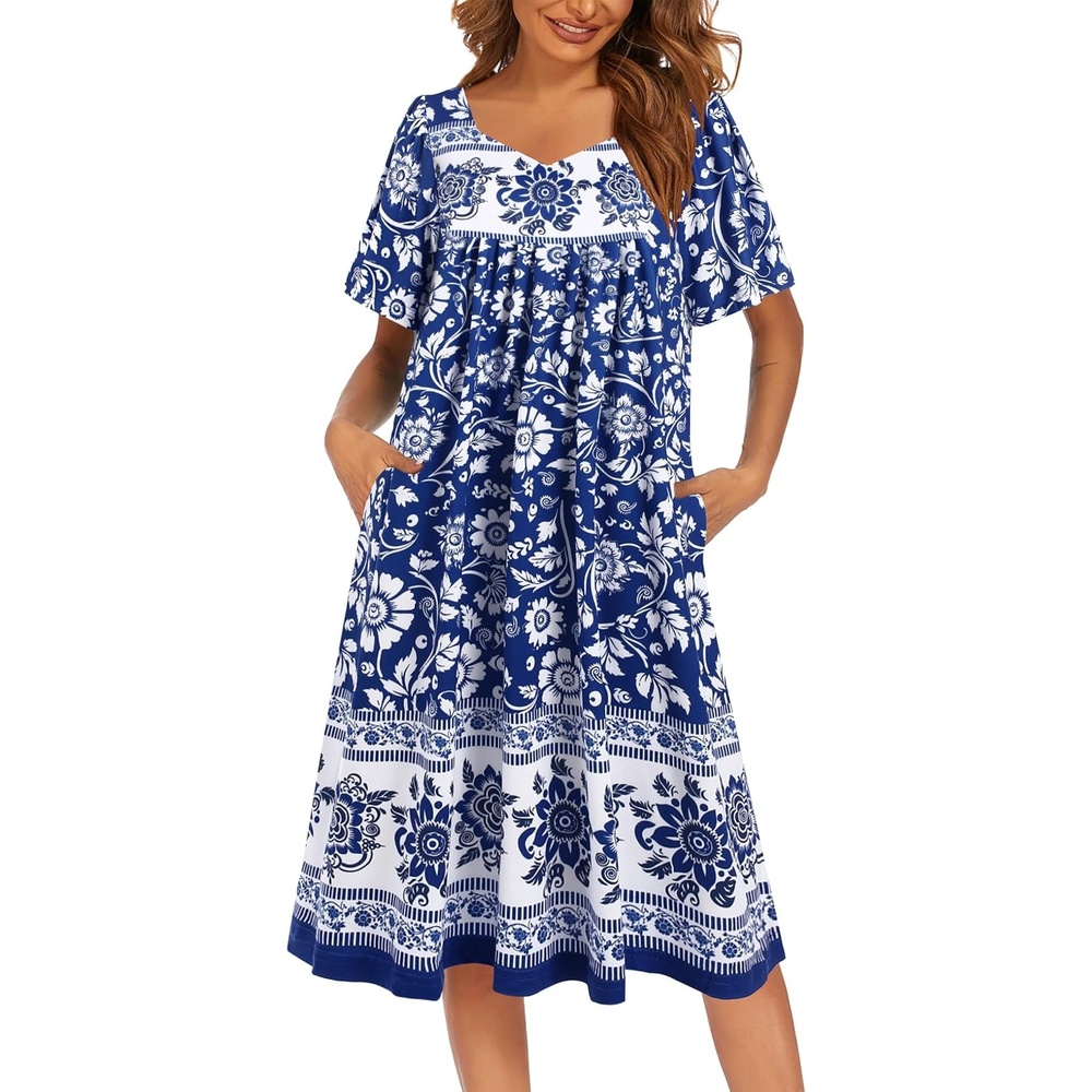 image:imageEkouaer Womens Nightgown House Dress with Pockets Short Sleeve Moo MoosBlue Bohemian Flowers