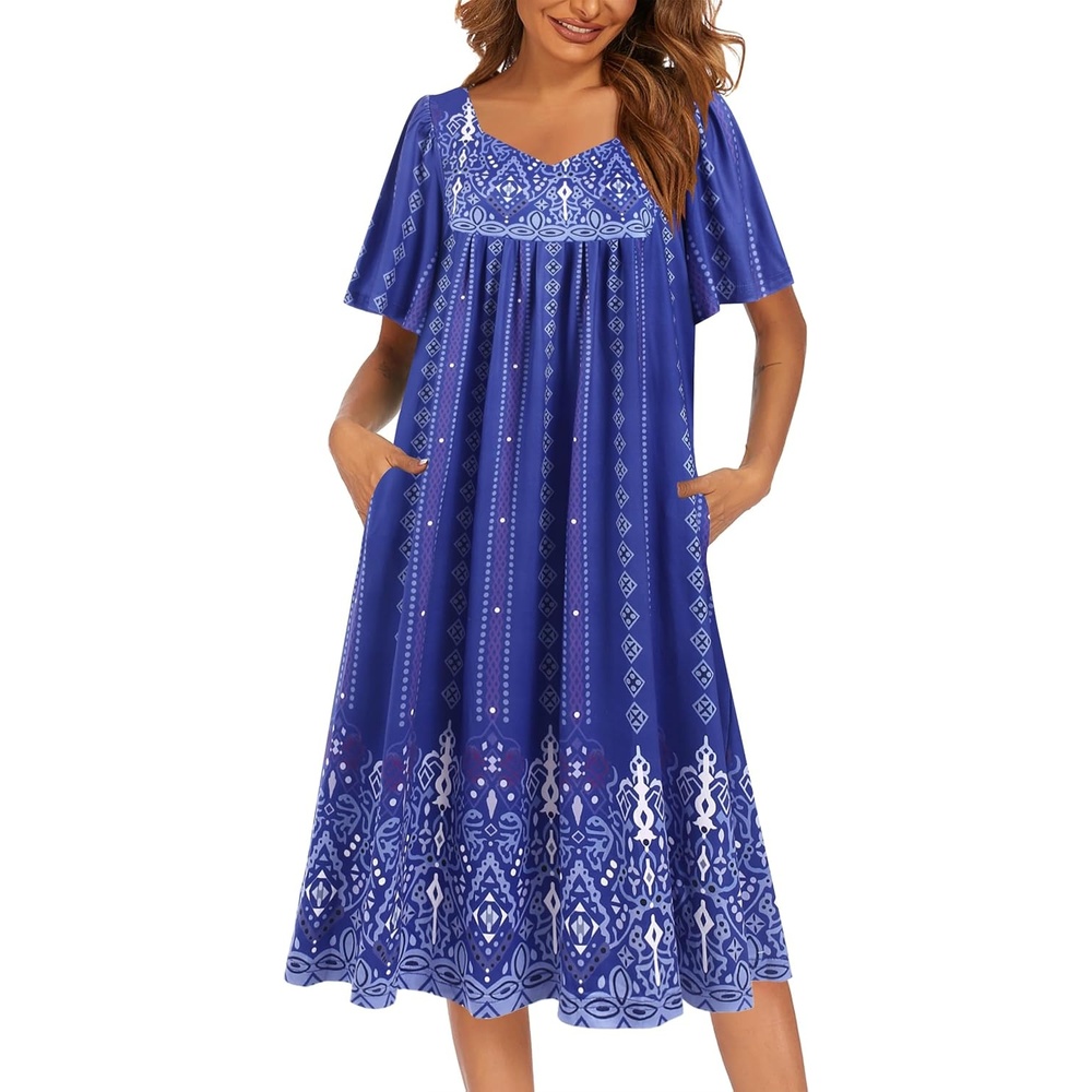 image:imageEkouaer Womens Nightgown House Dress with Pockets Short Sleeve Moo MoosBlue Ethnic Positioning