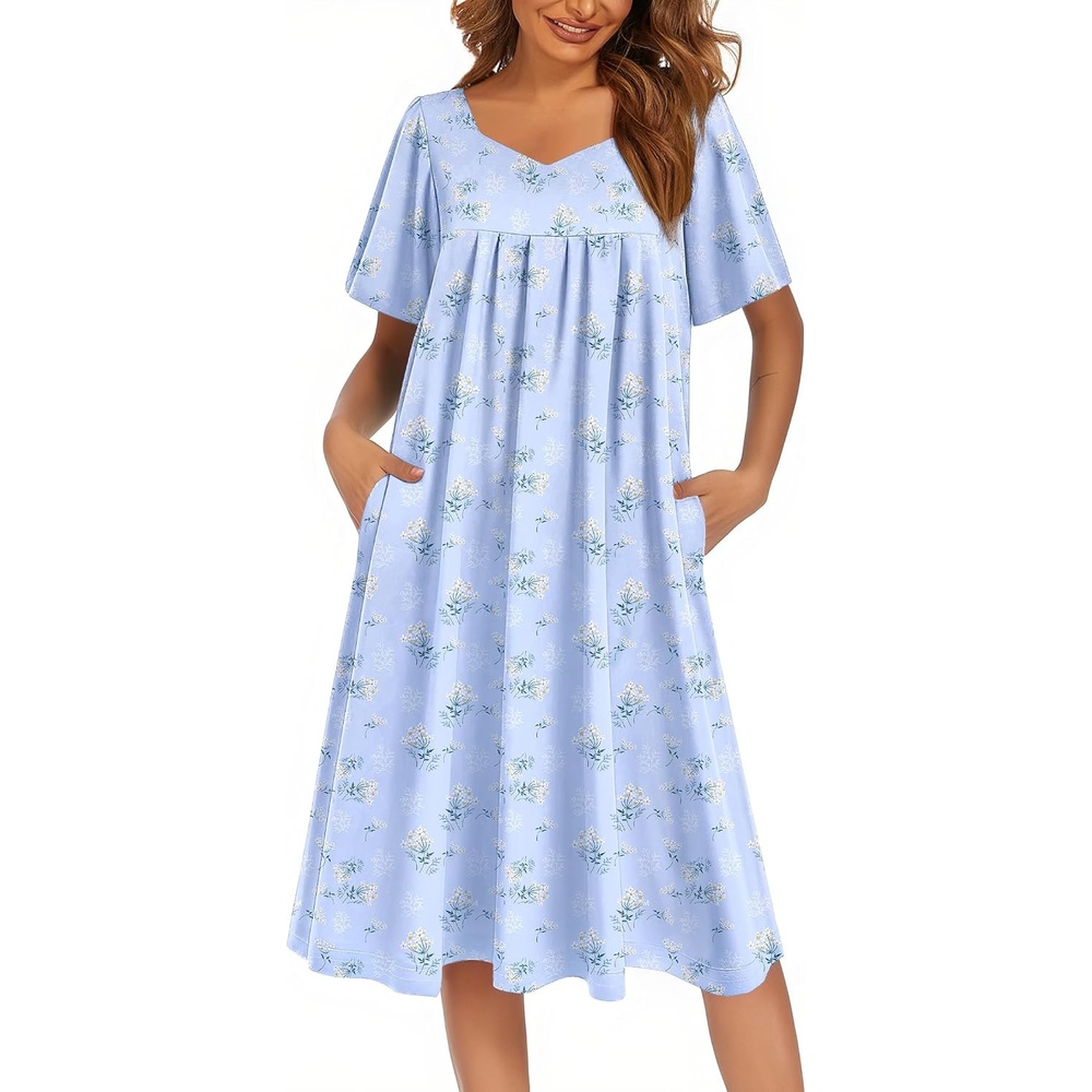 image:imageEkouaer Womens Nightgown House Dress with Pockets Short Sleeve Moo MoosBlue Floral