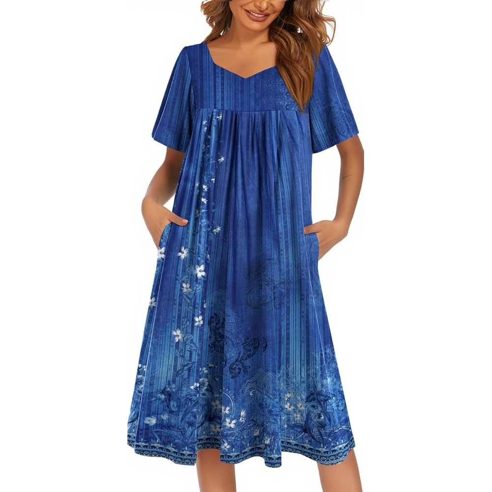 image:imageEkouaer Womens Nightgown House Dress with Pockets Short Sleeve Moo MoosNavy Blue Ethnic Style