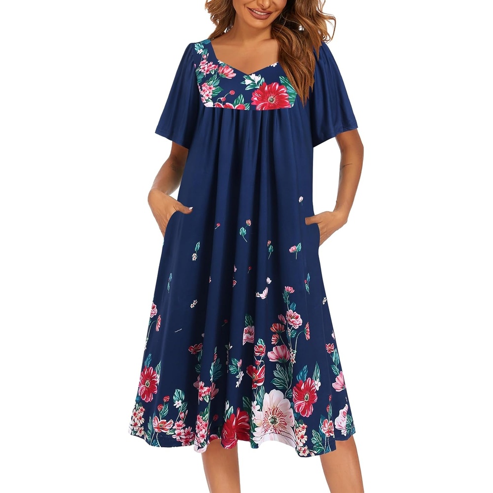 image:imageEkouaer Womens Nightgown House Dress with Pockets Short Sleeve Moo MoosNavy Blue Flower