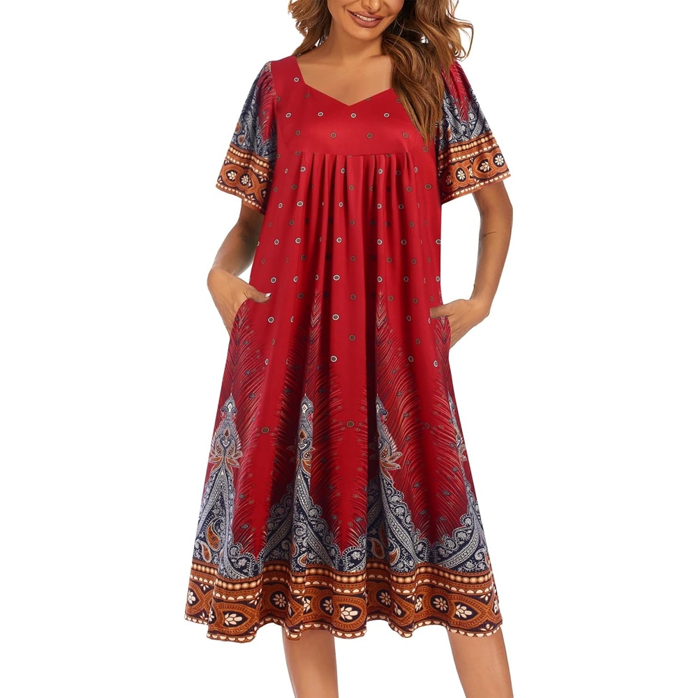 image:imageEkouaer Womens Nightgown House Dress with Pockets Short Sleeve Moo MoosRed Peacock Feathers