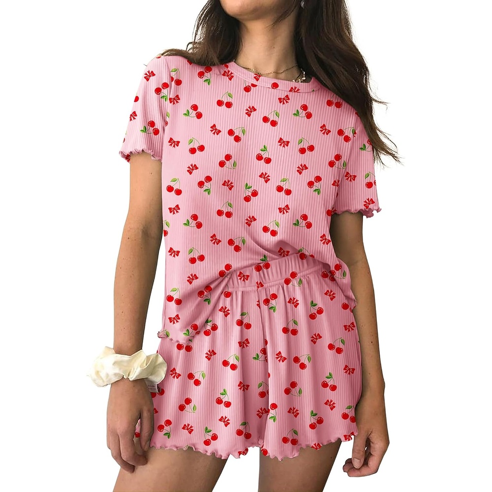 image:imageEkouaer Womens Pajamas 2 Piece Ribbed Knit Pjs Short Sleeve Lounge SetsCherry