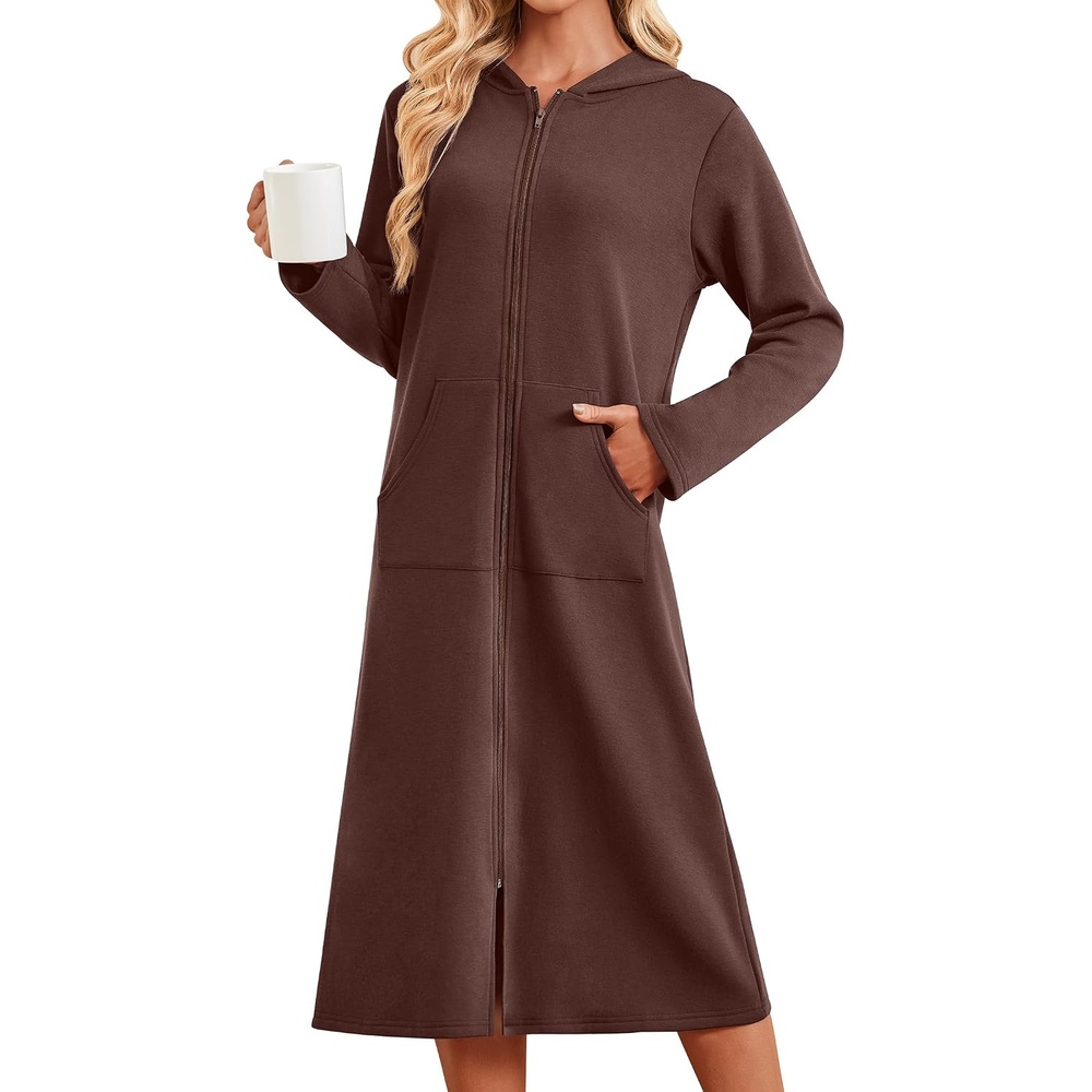 image:imageEkouaer Zipper Robe for Women Long Bath Robe Soft Housecoat Hooded BathrobeBrown