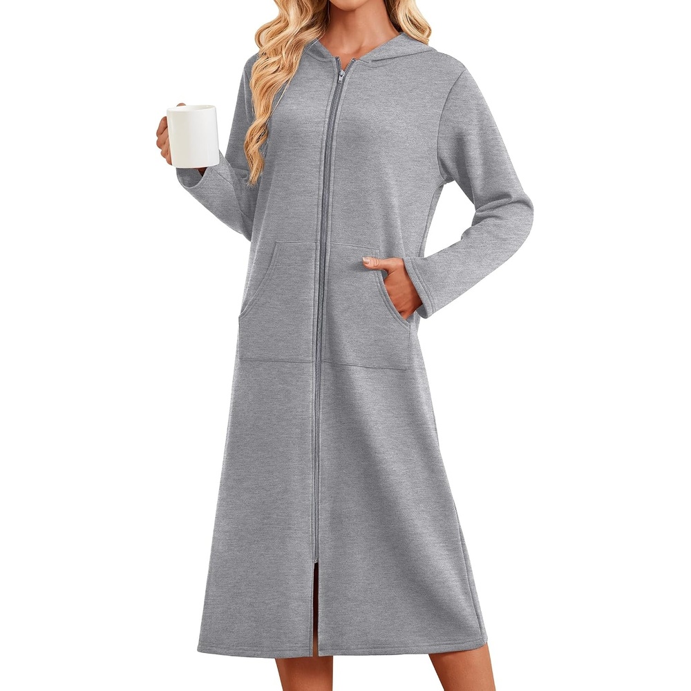 image:imageEkouaer Zipper Robe for Women Long Bath Robe Soft Housecoat Hooded BathrobeLight Gray