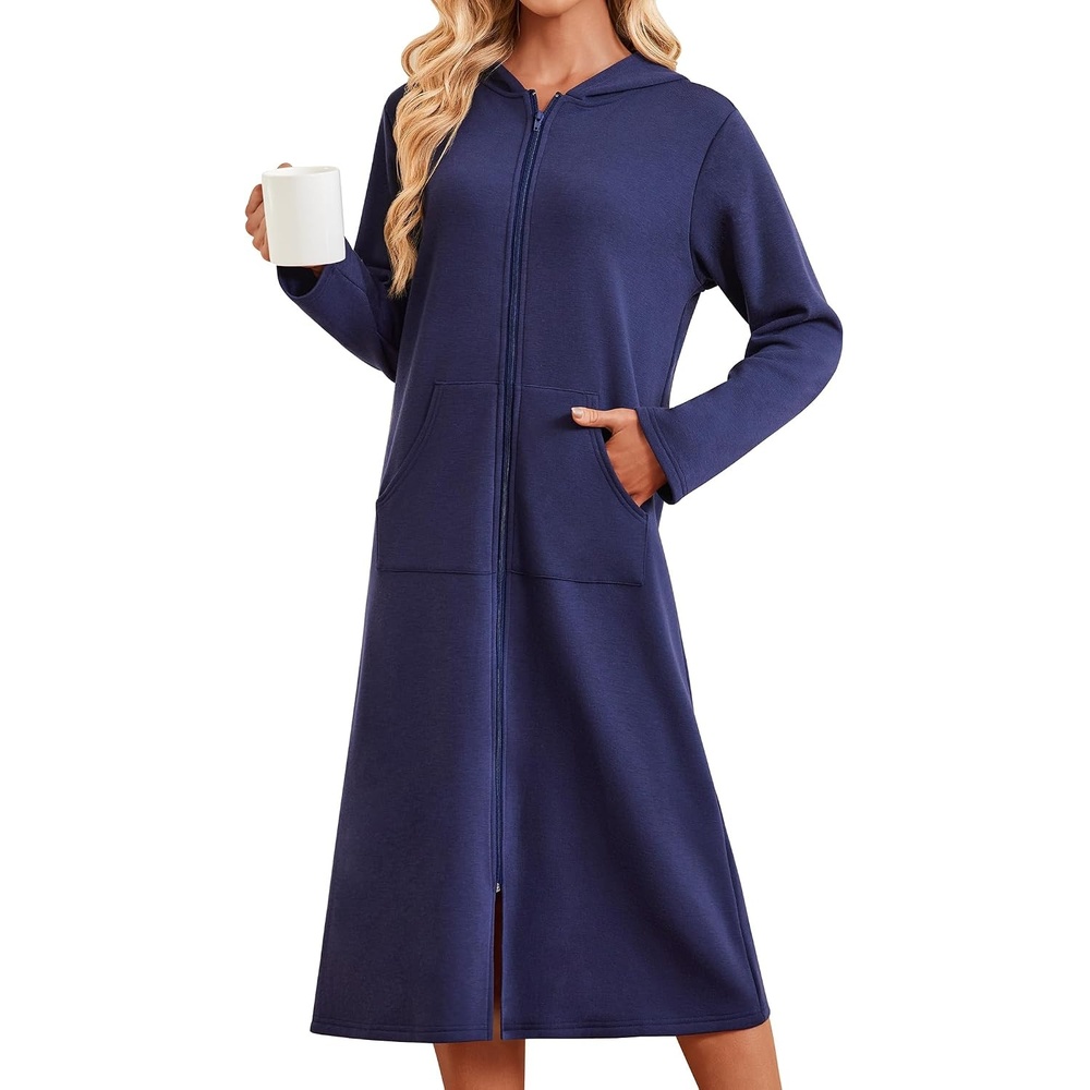 image:imageEkouaer Zipper Robe for Women Long Bath Robe Soft Housecoat Hooded BathrobeNavy Blue