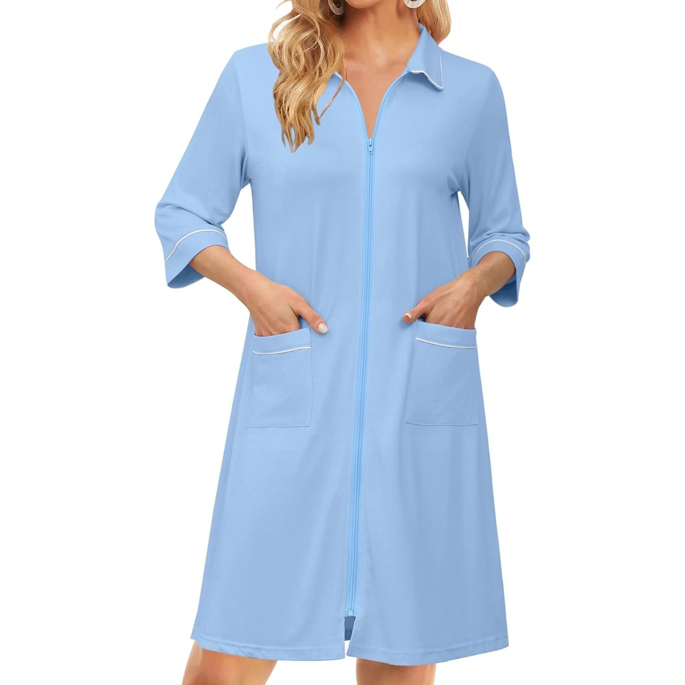 image:imageEkouaer Zipper Robes for Women 34 Sleeve Housecoats with PocketsLight Blue