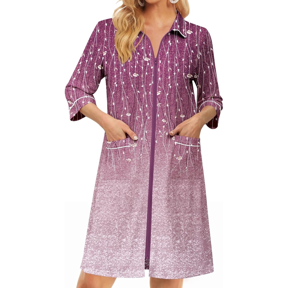 image:imageEkouaer Zipper Robes for Women 34 Sleeve Housecoats with PocketsPurple Leaves