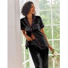 Ekouaer 2 Piece Satin Short Sleeve Pajamas Set Button Down Sleepwear(Black Pink)