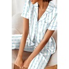 Ekouaer 2 Piece Satin Short Sleeve Pajamas Set Button Down Sleepwear(Blue Bow Flower)