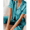 Ekouaer 2 Piece Satin Short Sleeve Pajamas Set Button Down Sleepwear(Blue Green)
