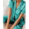 Ekouaer 2 Piece Satin Short Sleeve Pajamas Set Button Down Sleepwear(Dark Green)
