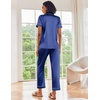 Ekouaer 2 Piece Satin Short Sleeve Pajamas Set Button Down Sleepwear(Navy Blue)