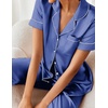 Ekouaer 2 Piece Satin Short Sleeve Pajamas Set Button Down Sleepwear(Navy Blue)