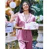 Ekouaer 2 Piece Satin Short Sleeve Pajamas Set Button Down Sleepwear(Purple Pink)