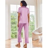 Ekouaer 2 Piece Satin Short Sleeve Pajamas Set Button Down Sleepwear(Purple Pink)