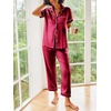 Ekouaer 2 Piece Satin Short Sleeve Pajamas Set Button Down Sleepwear(Wine Red)