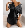 Ekouaer Satin Nightgowns for Women Short Sleeve Button Down Sleepshirt(Black)
