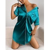 Ekouaer Satin Nightgowns for Women Short Sleeve Button Down Sleepshirt(Blue Green)