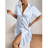 Ekouaer Satin Nightgowns for Women Short Sleeve Button Down Sleepshirt(Blue Stripe)