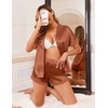 Ekouaer Women Lace Satin Pajama Set Button Down Silk Pjs Shorts Set XS-XXL(Brown)