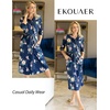 Ekouaer Women Robes Long Knit Bathrobe Soft Kimono Loungewear with Pockets(01navy Blue Floral)